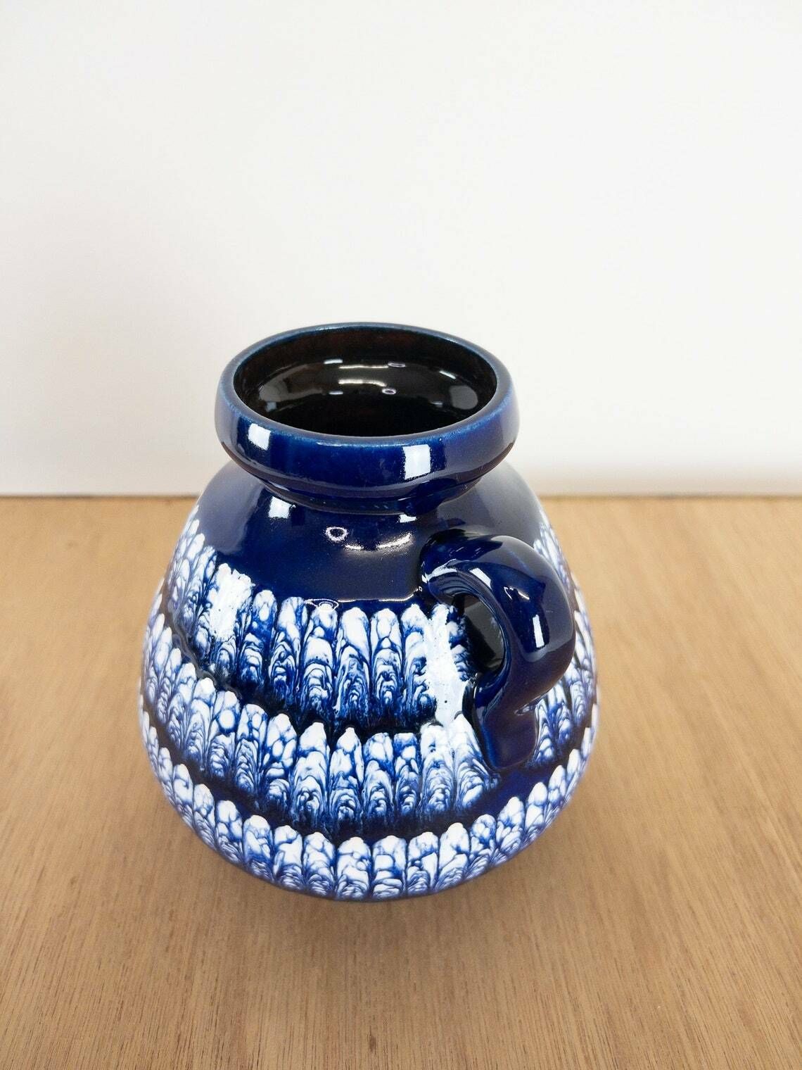 Schlossberg Vase With Ear Handle, Dark Blue And White Marble Decor photo vinterior