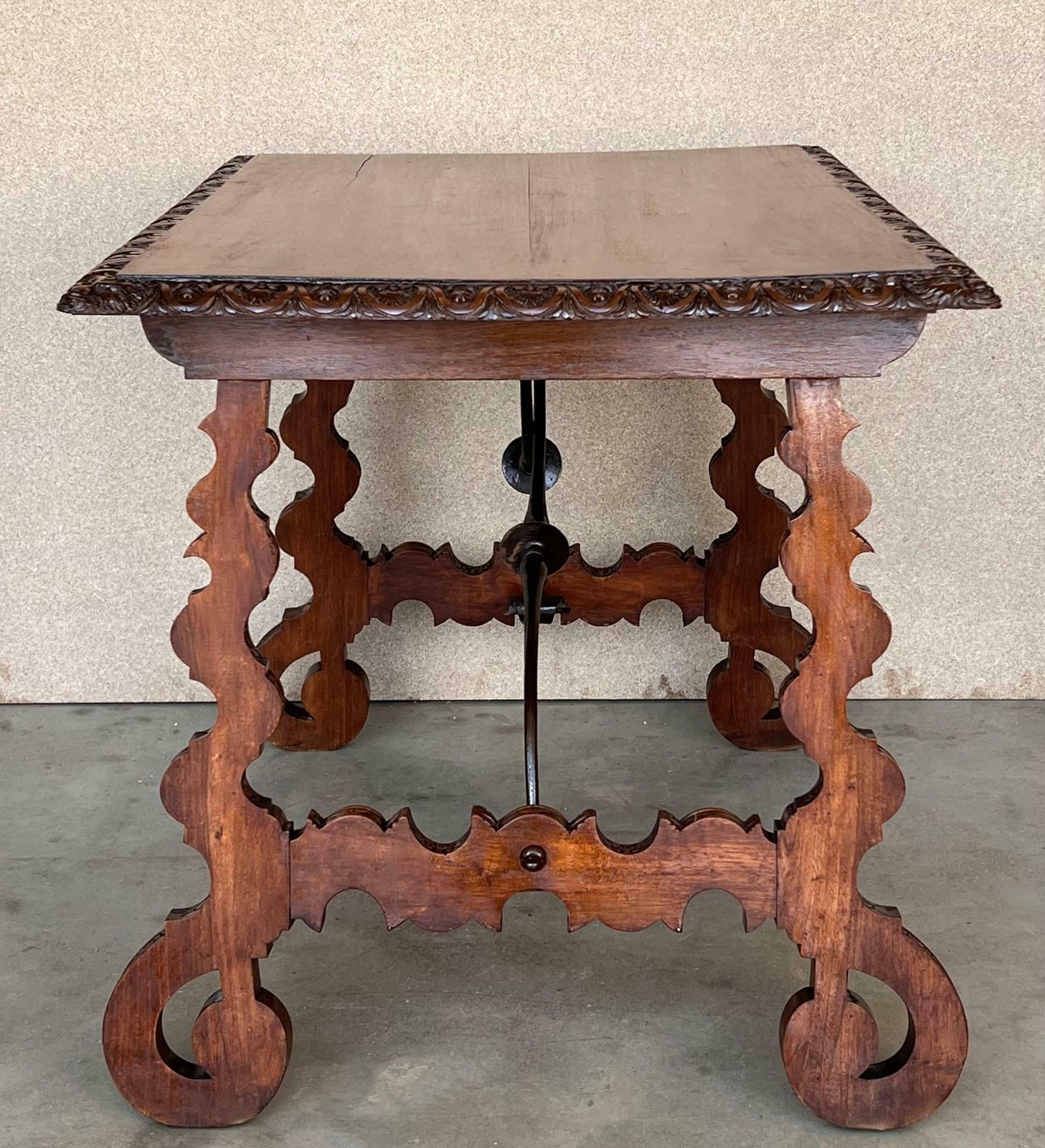 photo for sale Side Table Of Walnut With Carved Lyre Legs And Top Spanish 19th Century