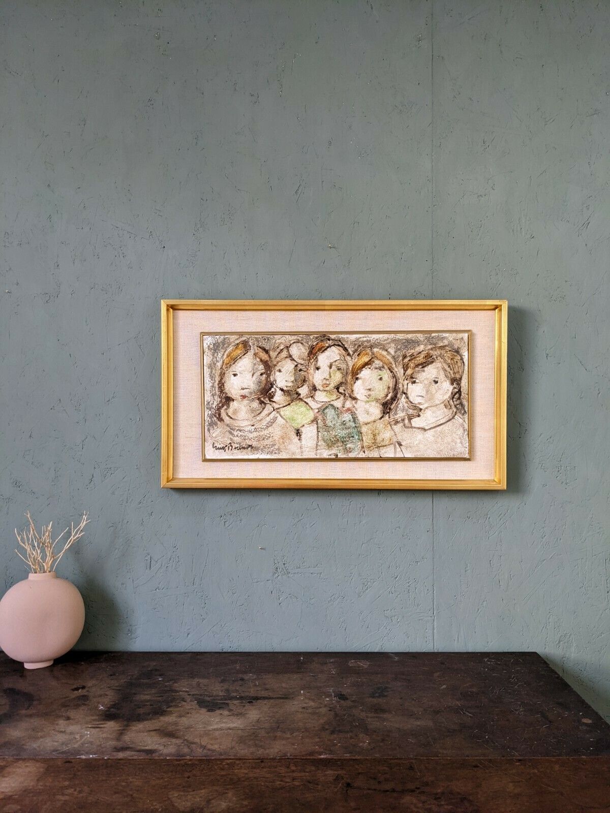 Mid Century Modern Swedish Framed Figurative Oil Painting, 'The Children' photo for sale