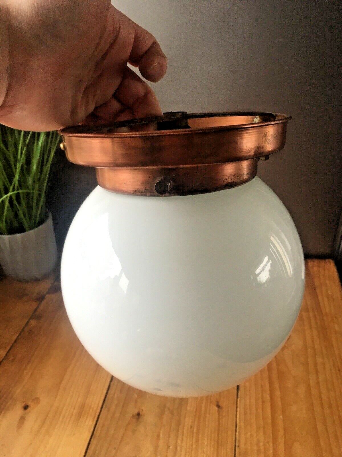 Art Deco Opaline Glass Globe Lamp Shade & Copper Gallery Ceiling Light Fitting photo vinterior
