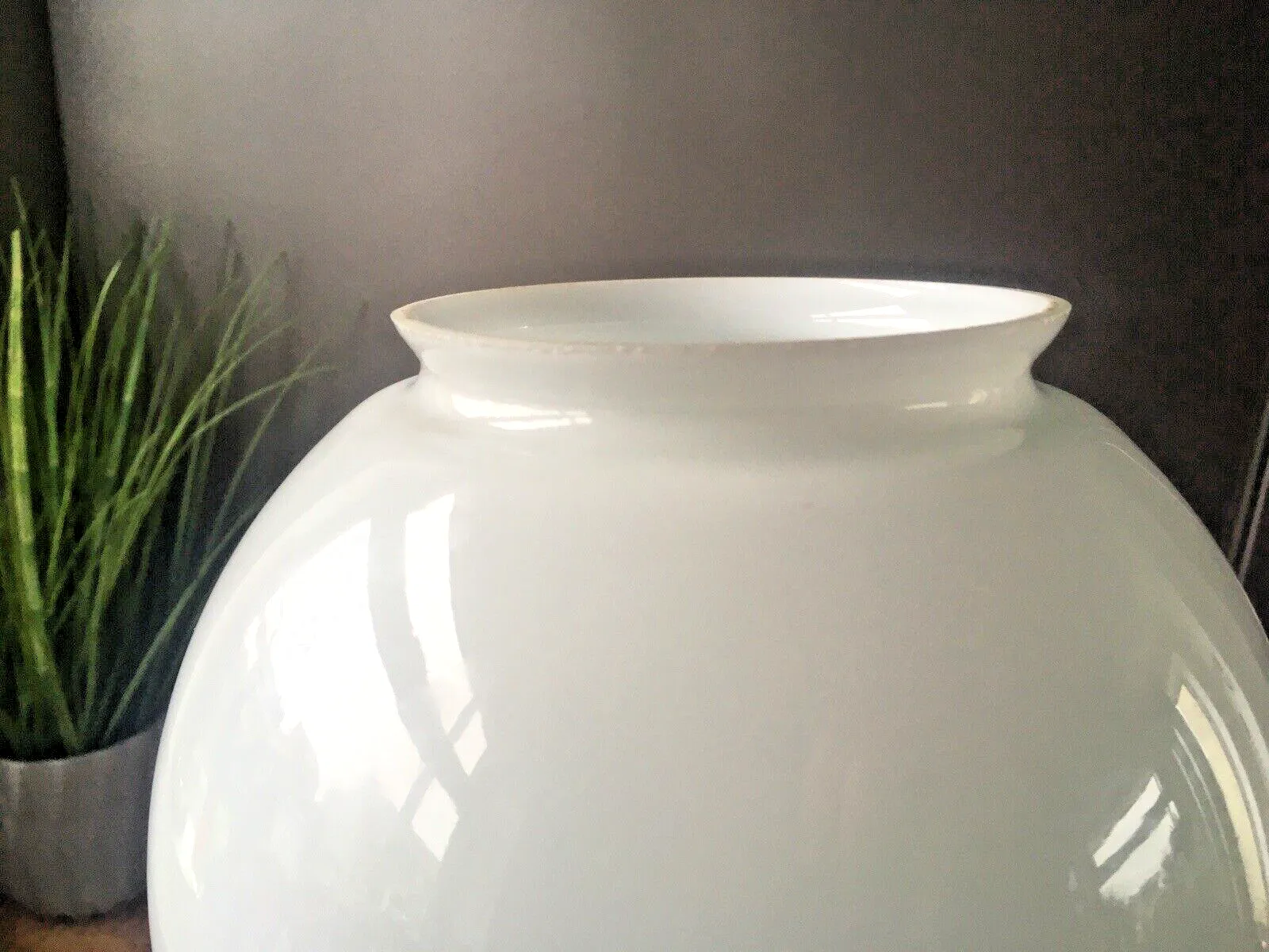 photo vinterior Art Deco Opaline Glass Globe Lamp Shade & Copper Gallery Ceiling Light Fitting