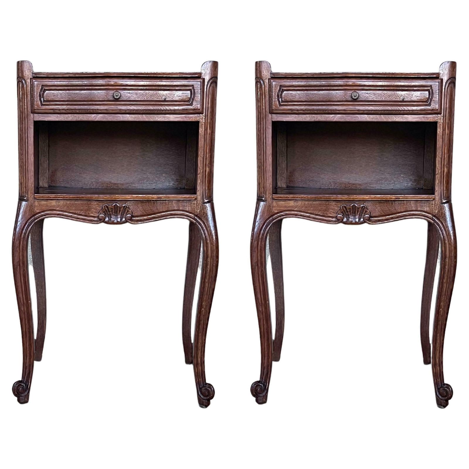 20th Pair Of Walnut Nightstands Tables With Drawer And Open Shelf