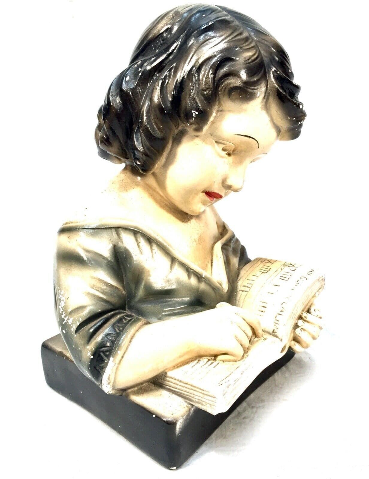 Antique Art Deco French Young Girl Plaster Portrait Bust C.1930 Hand Painted photo furniture