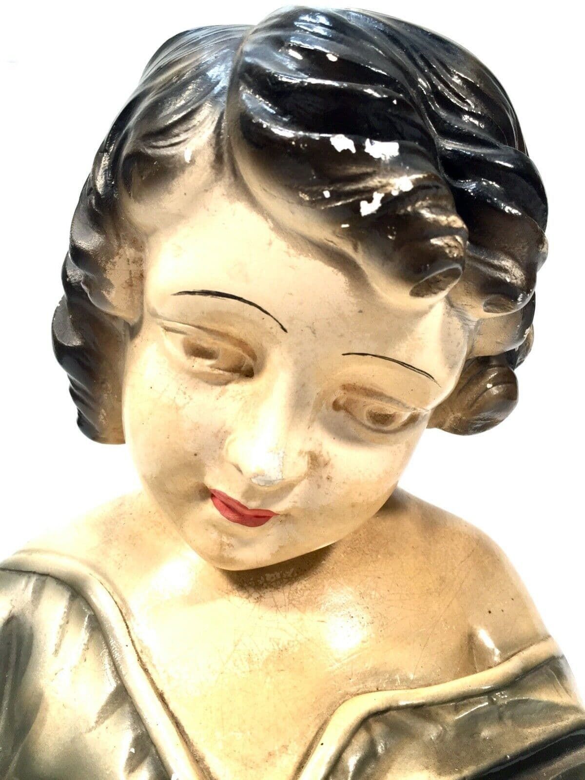 Antique Art Deco French Young Girl Plaster Portrait Bust C.1930 Hand Painted photo for sale