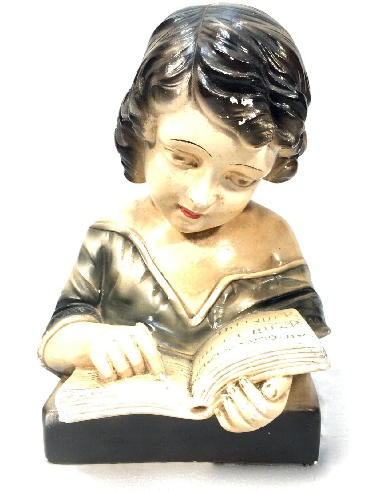 Antique Art Deco French Young Girl Plaster Portrait Bust C.1930 Hand Painted photo 119.0