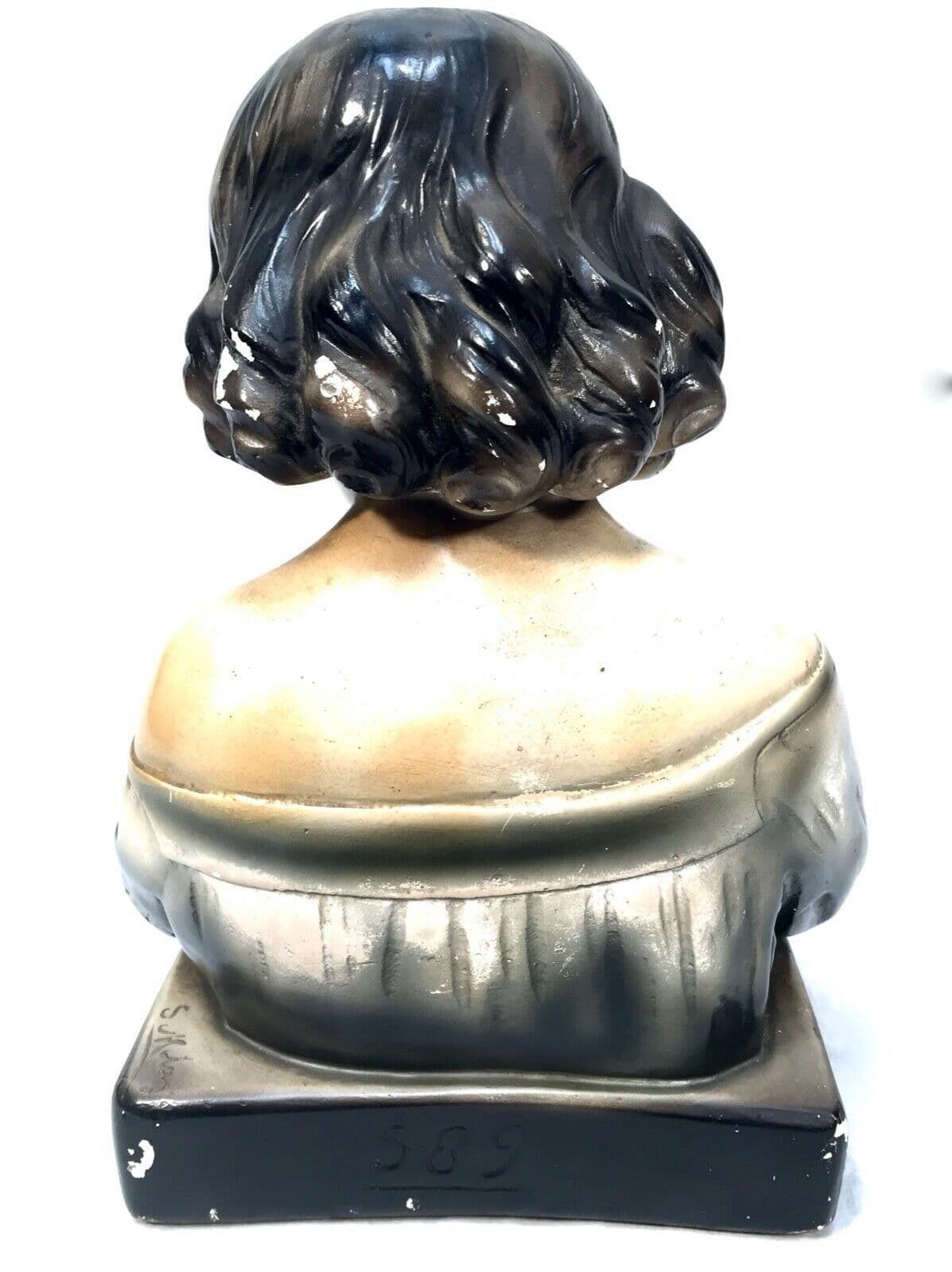 Antique Art Deco French Young Girl Plaster Portrait Bust C.1930 Hand Painted photo vintage