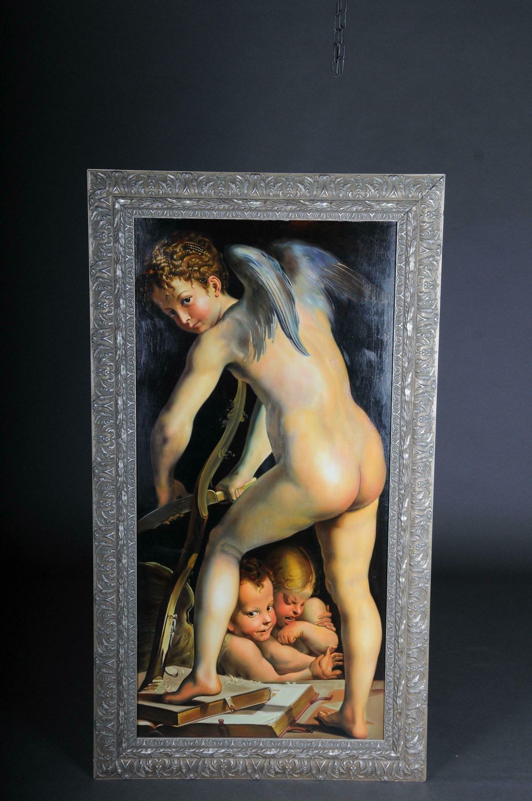 Monumental Oil Painting F. Mazzola, Called Parmigianino   Bow Carving Amor, Rare photo for sale
