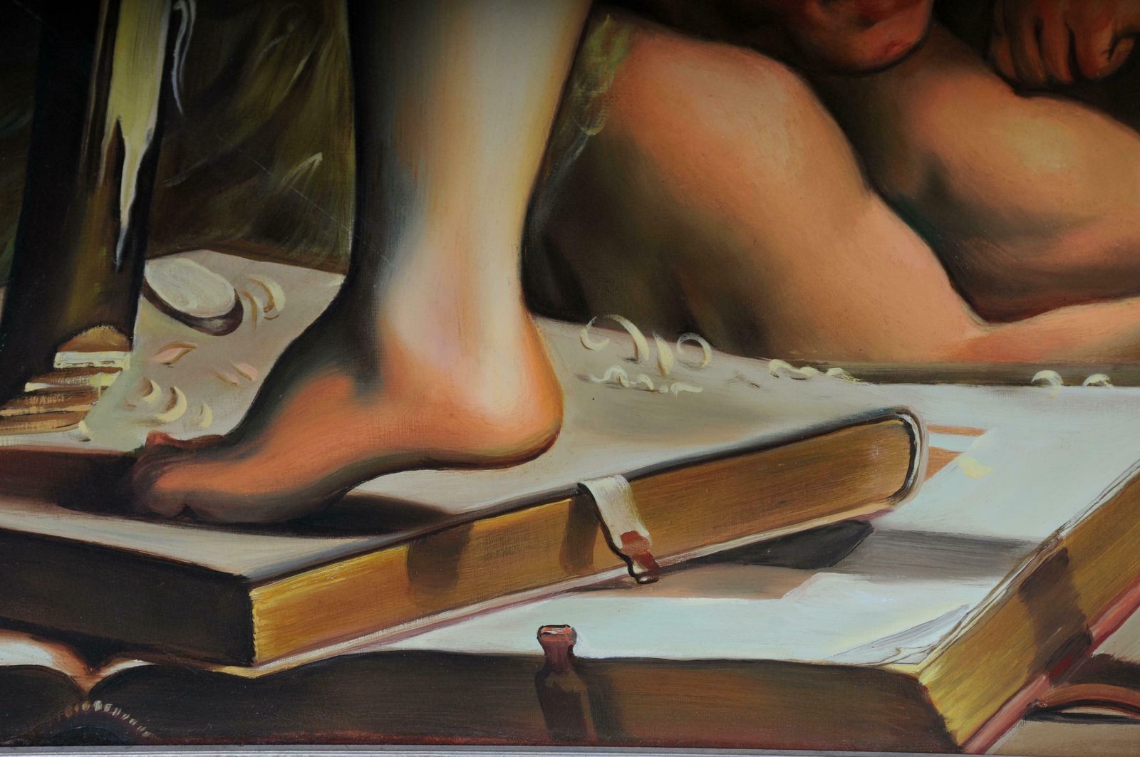 photo vintage Monumental Oil Painting F. Mazzola, Called Parmigianino   Bow Carving Amor, Rare