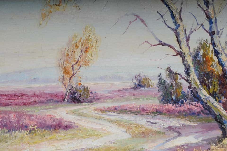 photo furniture Oil Painting Idyllic Autumn Landscape Signed, 20th Century