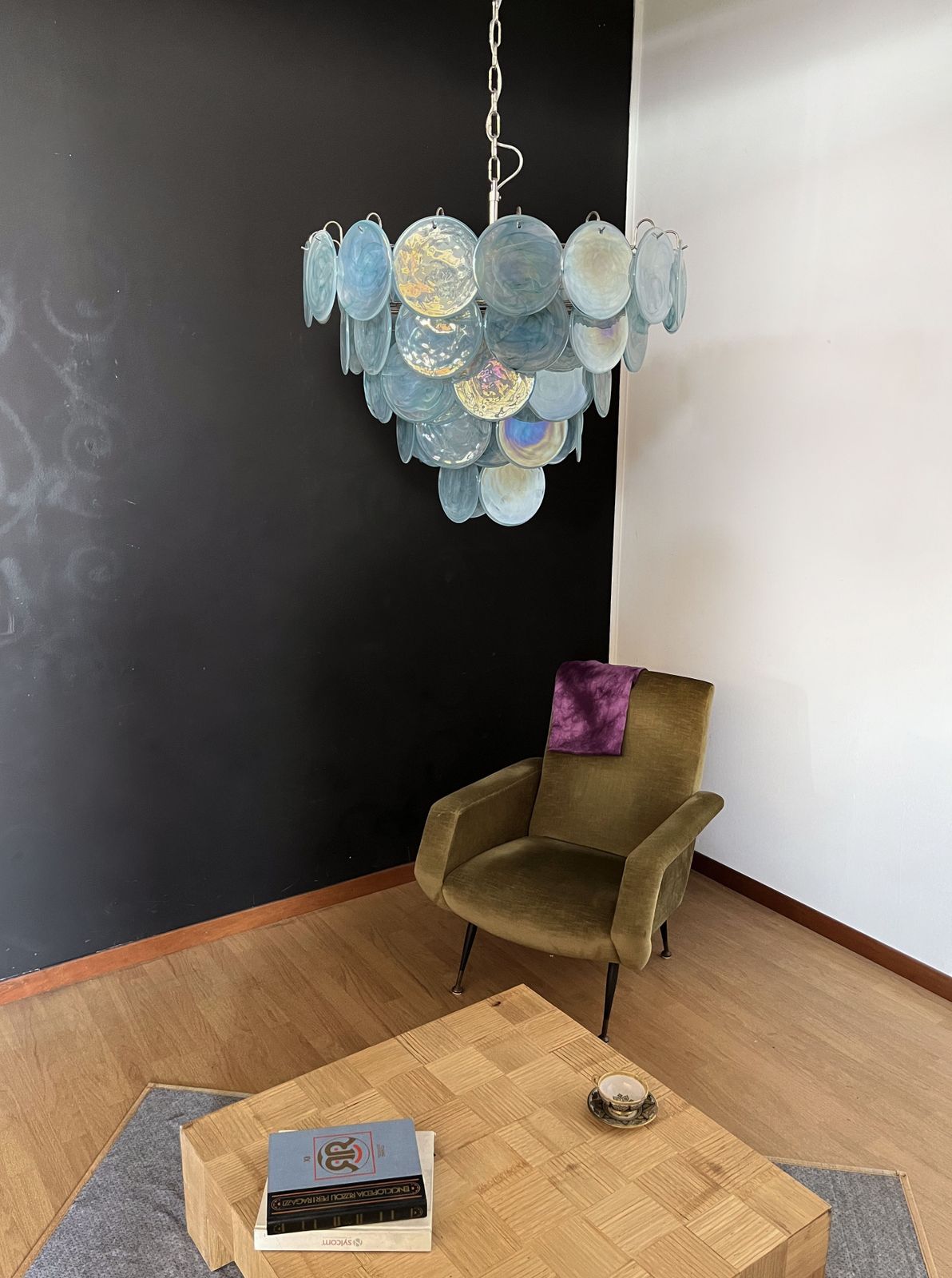 High Quality Murano Chandelier Space Age   57 Blue Albaster Iridescent Glasses photo for sale