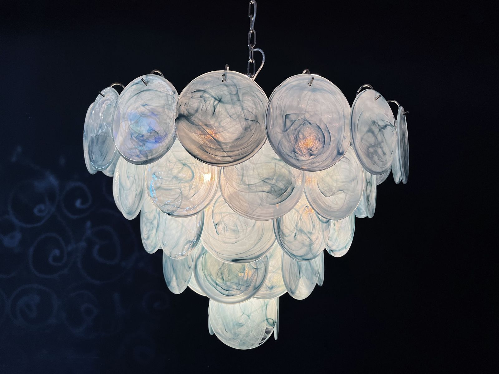 photo for sale High Quality Murano Chandelier Space Age   57 Blue Albaster Iridescent Glasses