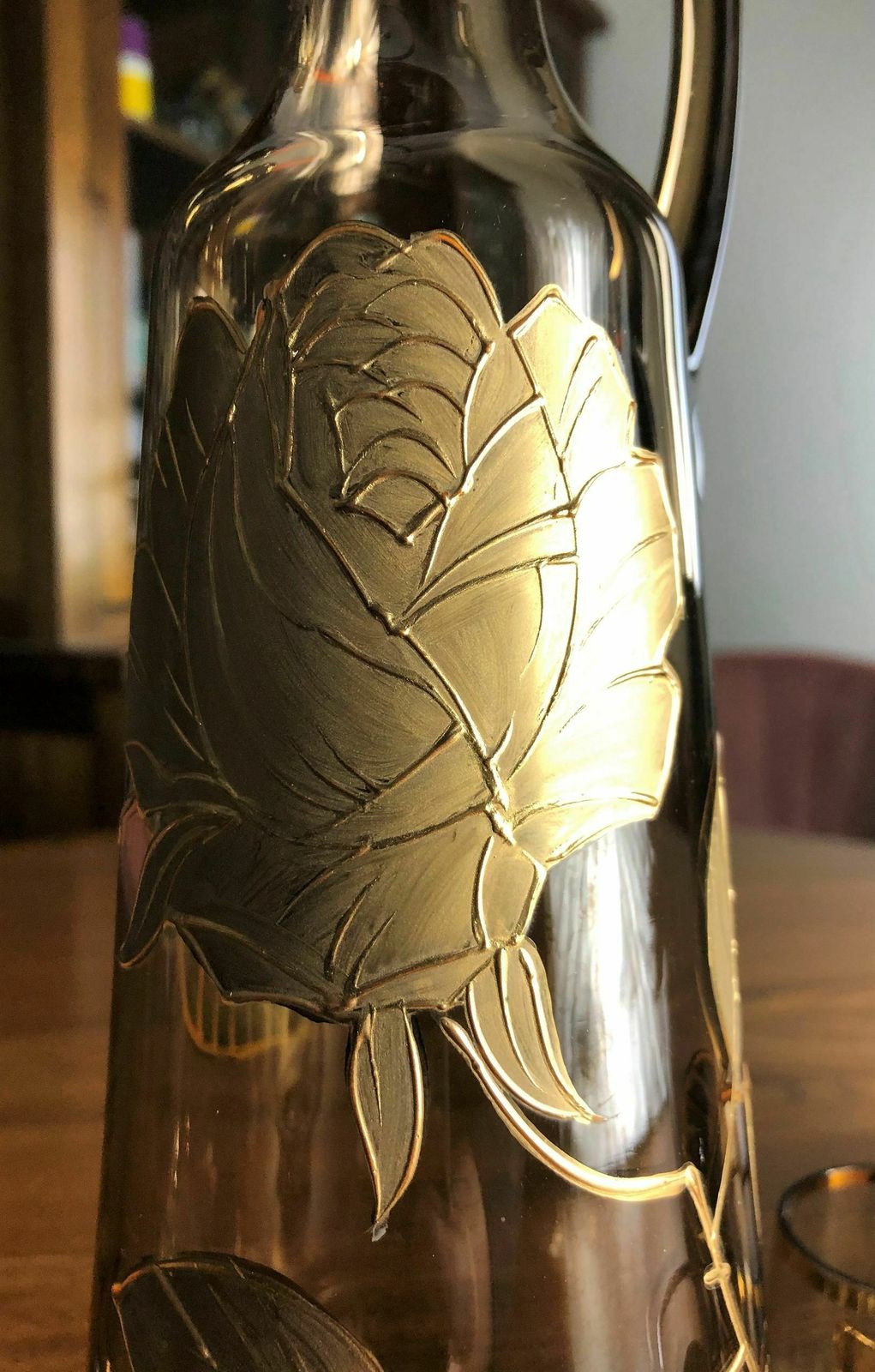 1960's Gold Rose Glass Jug With Six Matching Glasses photo furniture