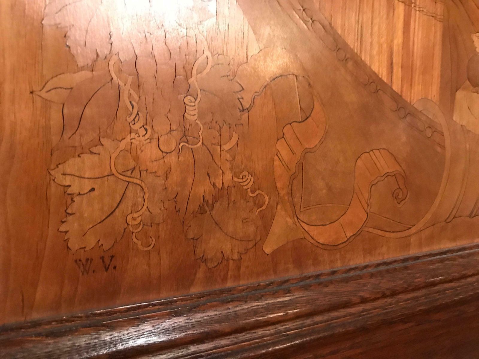 Monumental Old Wood Inlaid Mural, Signed W. V. Naive Art photo vinterior