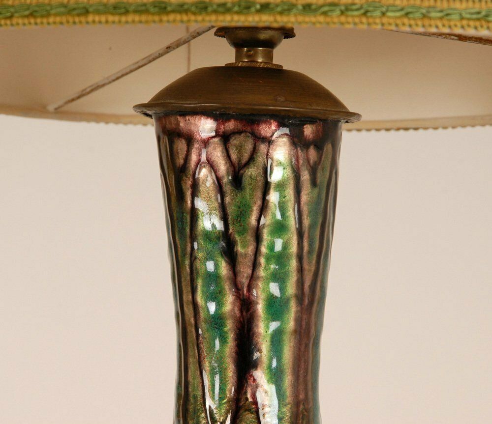 photo vinterior French Art Deco Geometric Table Lamps In Enamel On Copper Camille Faure, 18th Century, Set Of 2