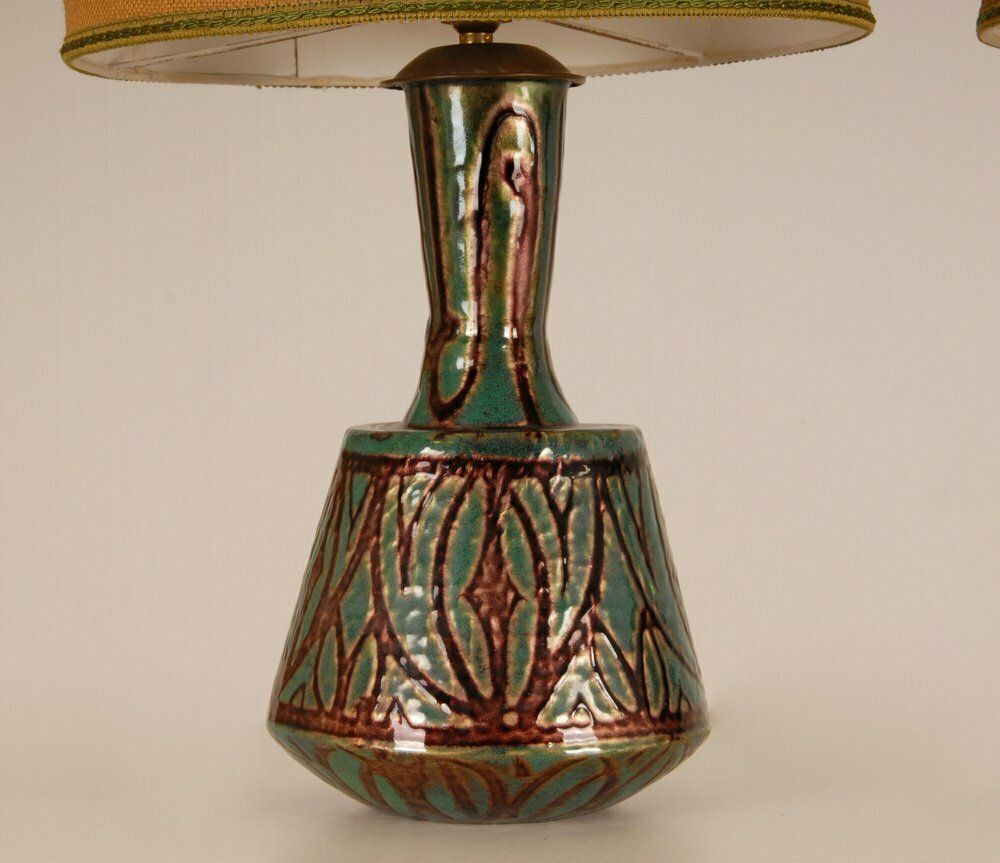 photo buy French Art Deco Geometric Table Lamps In Enamel On Copper Camille Faure, 18th Century, Set Of 2