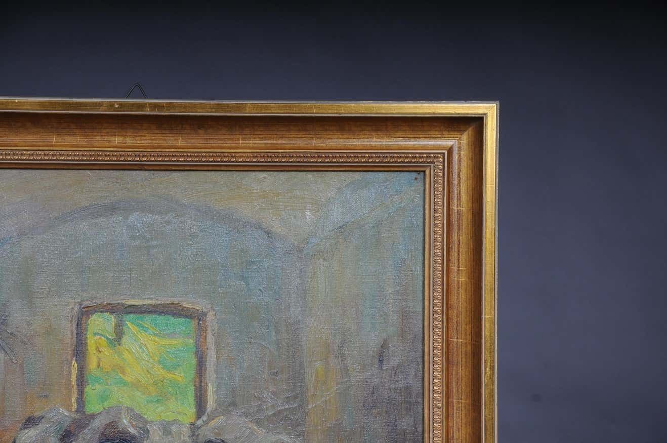 Oil Painting Cows In The Stall Sign Felix Eisengräber, 1920 photo for sale