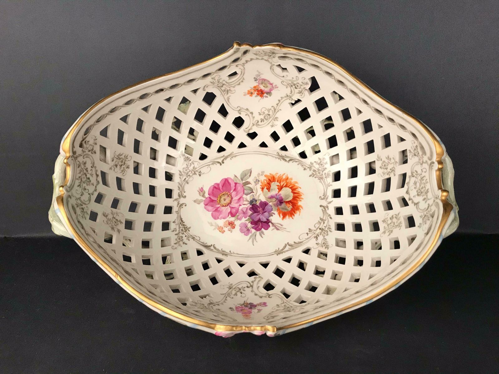 Kpm Berlin Porcelain Fruit Basket Bowl Meissen Hand Painted Flowers photo for sale