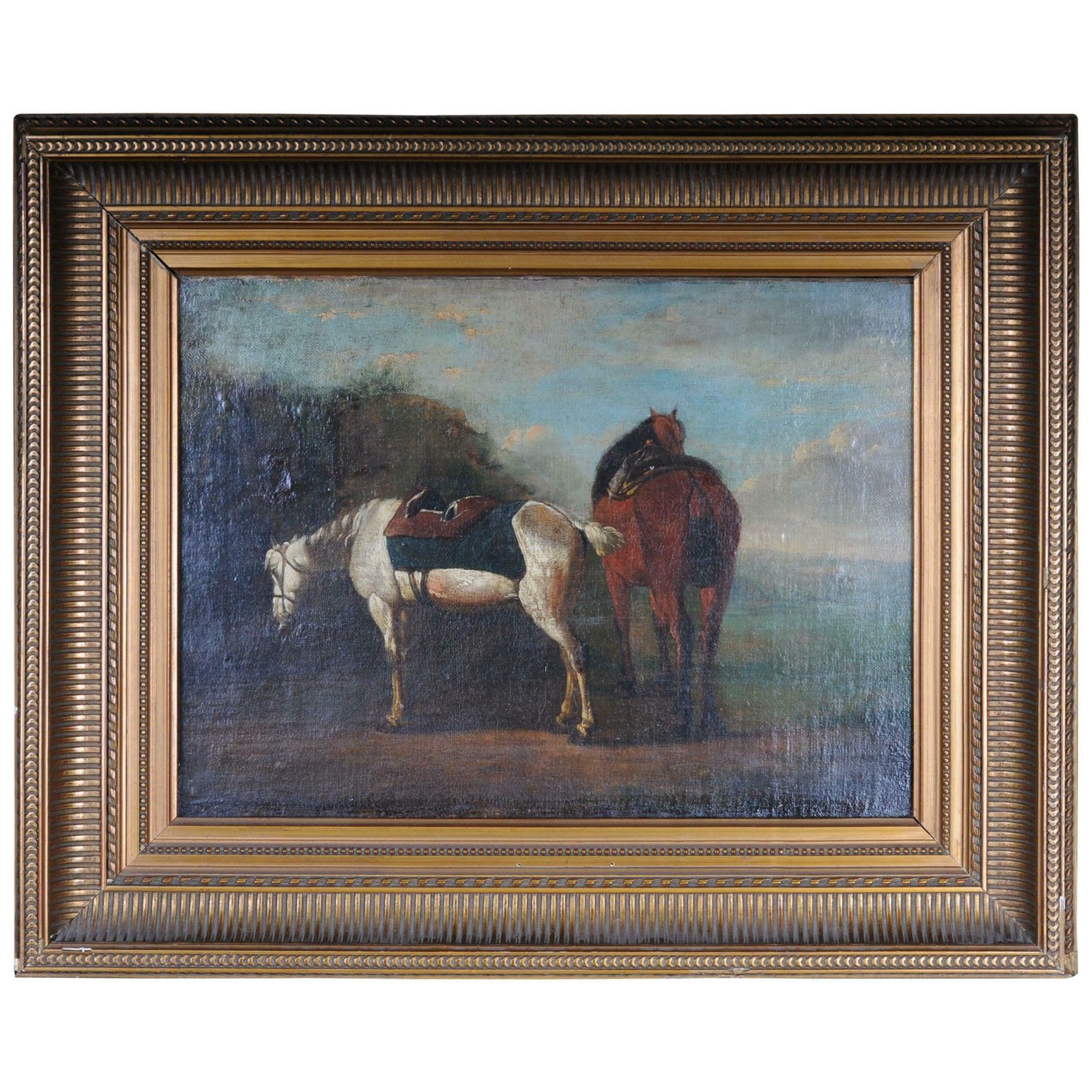 Old Oil Painting Illustration 2 Horses On The Landscape