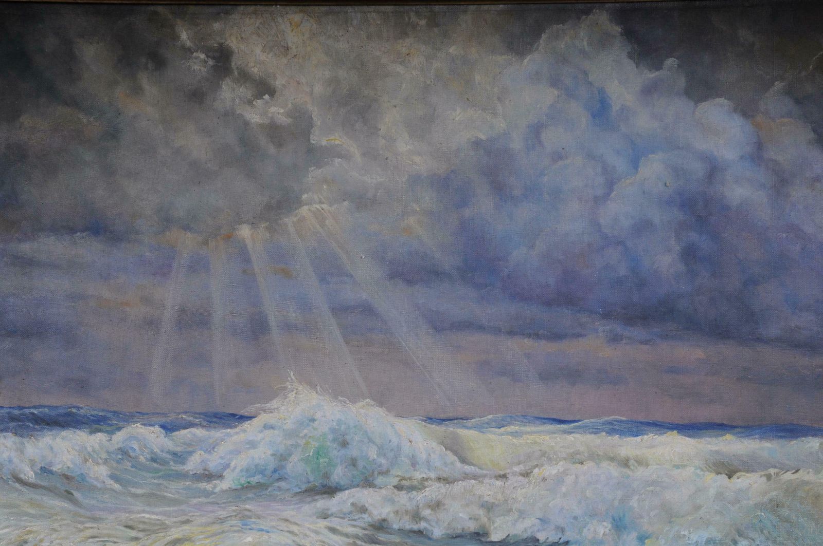 19th Century Oil Painting View From The Sea In A Big Gild Frame photo for sale