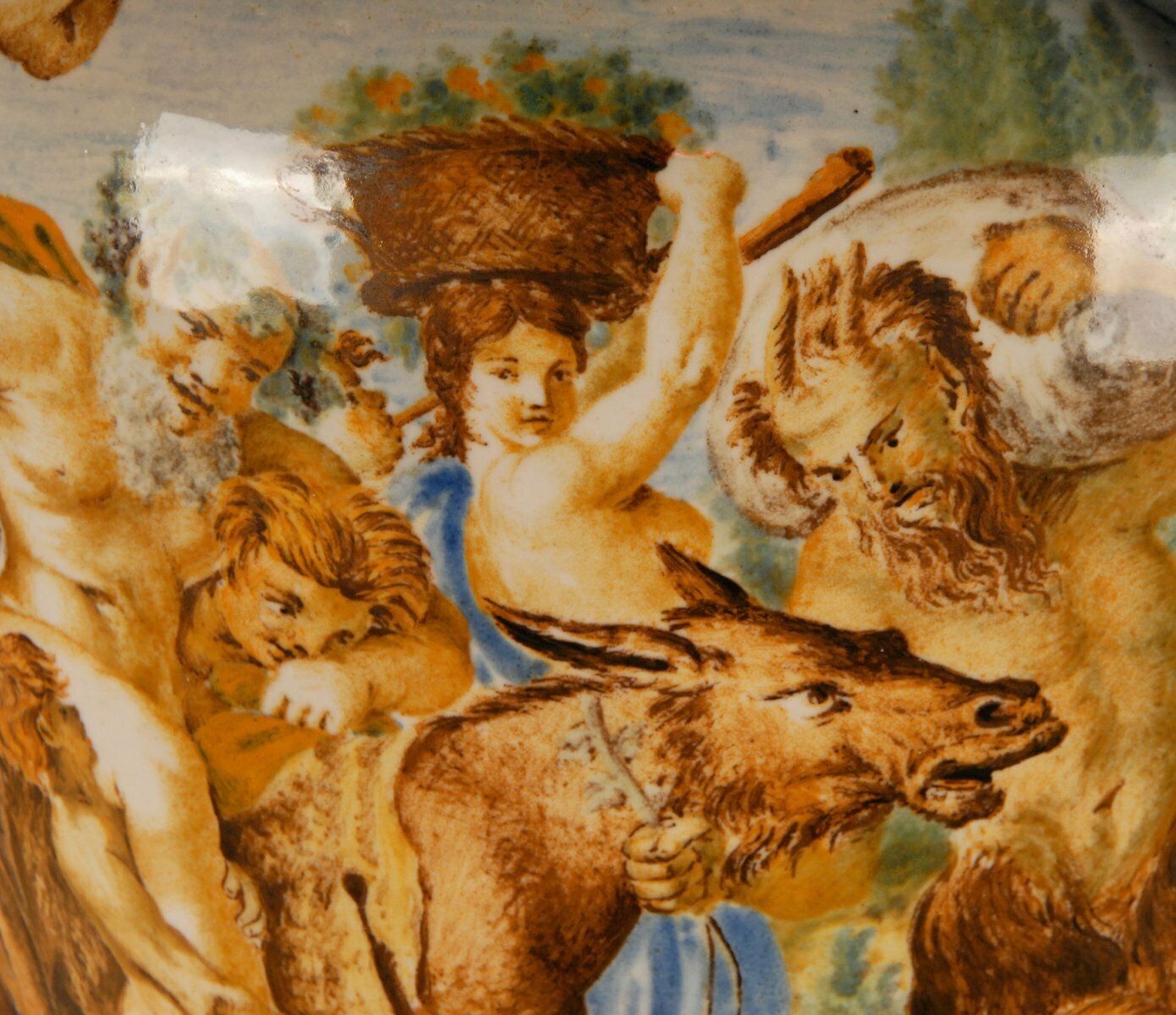 Tall Italian Majolica Serpentine Handles Vase With Separate Base Depicting Mythological Scene By Annibale Carracci, Farnese Gallery, Rome, 1597 photo vintage