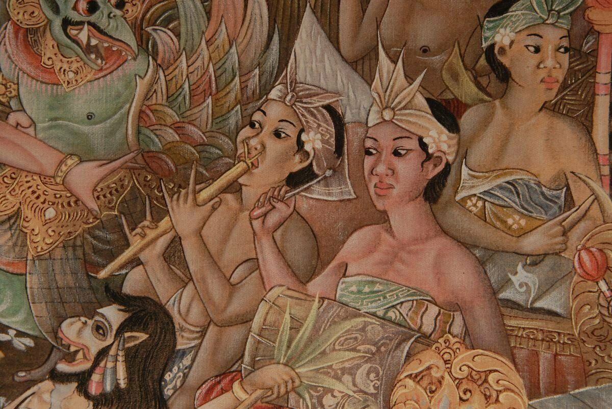 Mid Century Indonesian Painting Of Carnival On Bali Ubud By M. Sudarta, 1960s photo vinterior