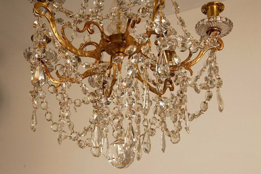 French Napoleonic Beaded 6 Light Candle Chandelier In Mercury Bronze & Baccarat Crystal photo vintage