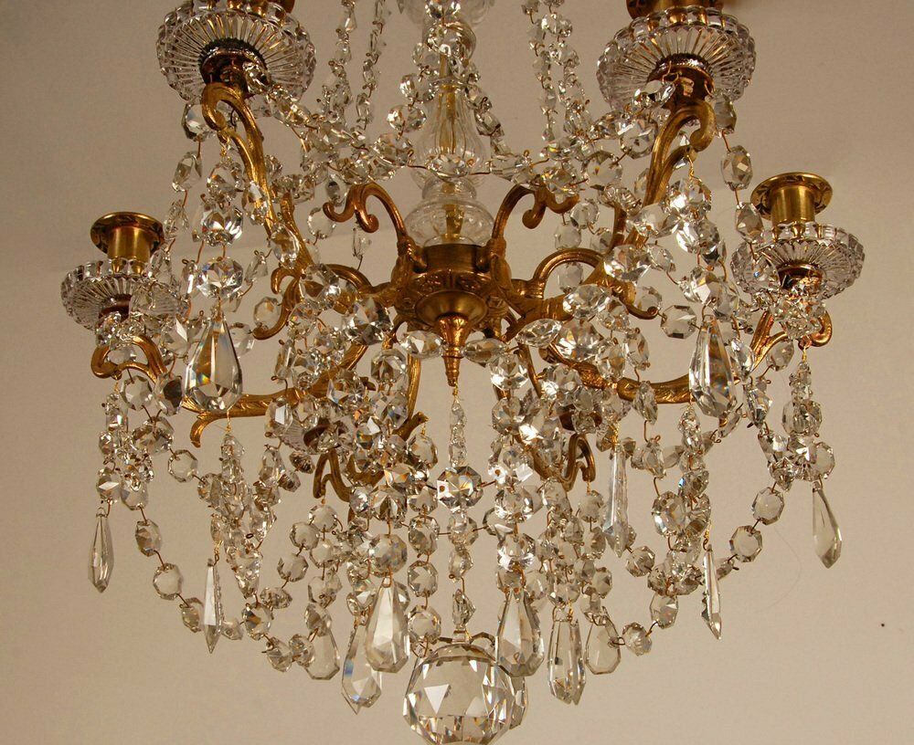 Lighting French Napoleonic Beaded 6 Light Candle Chandelier In Mercury Bronze & Baccarat Crystal photo