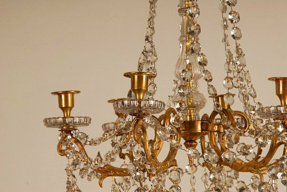 photo buy French Napoleonic Beaded 6 Light Candle Chandelier In Mercury Bronze & Baccarat Crystal