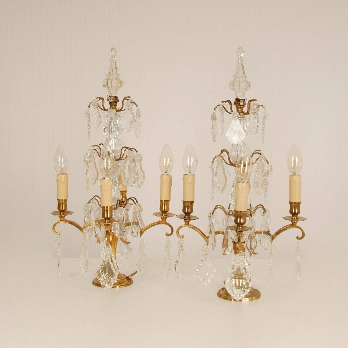 Victorian French Gilt Table Lamps With 4 Lights & Clear Crystal Prism Pendants, Set Of 2 photo for sale