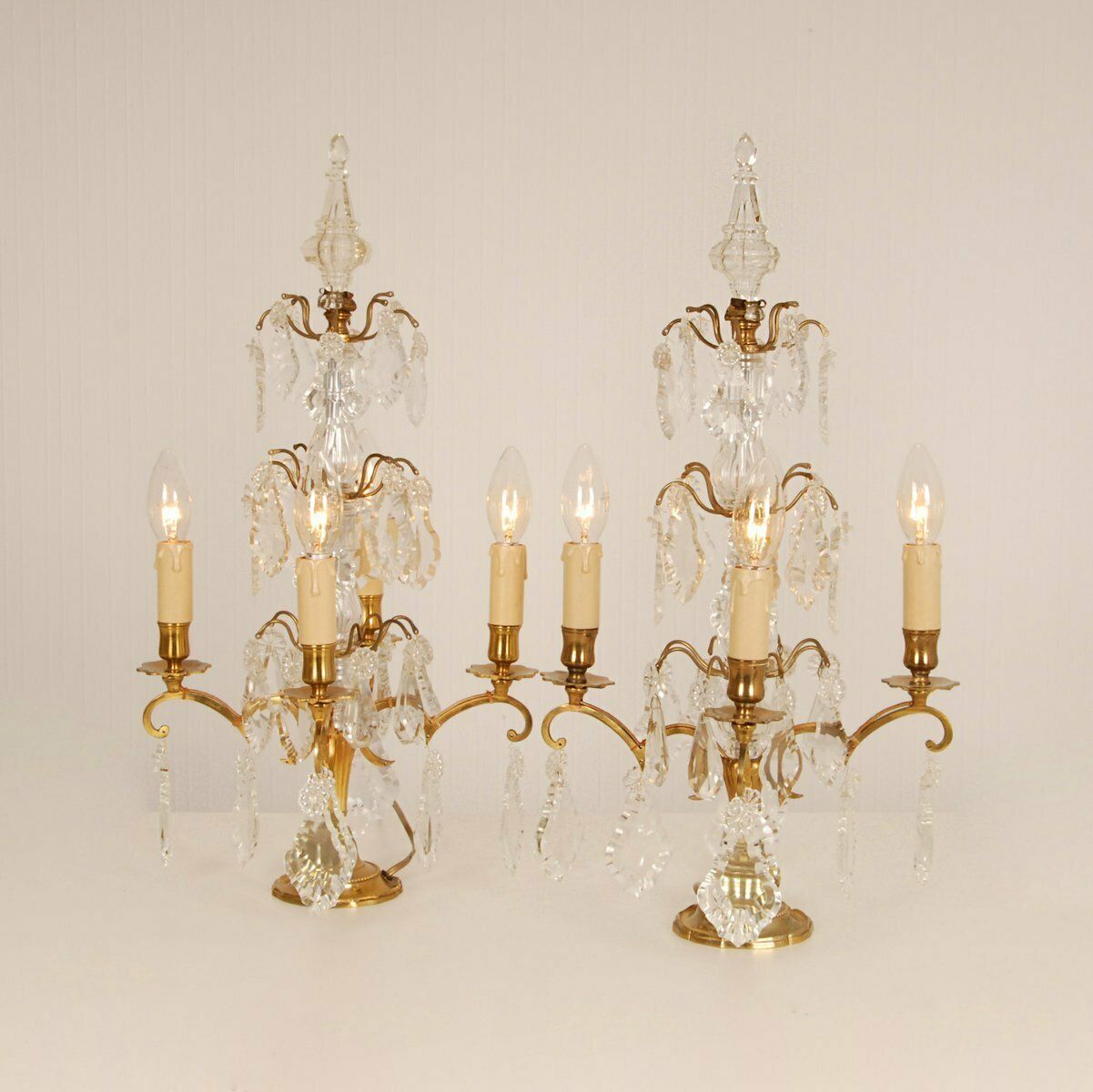 Victorian French Gilt Table Lamps With 4 Lights & Clear Crystal Prism Pendants, Set Of 2 photo Lighting