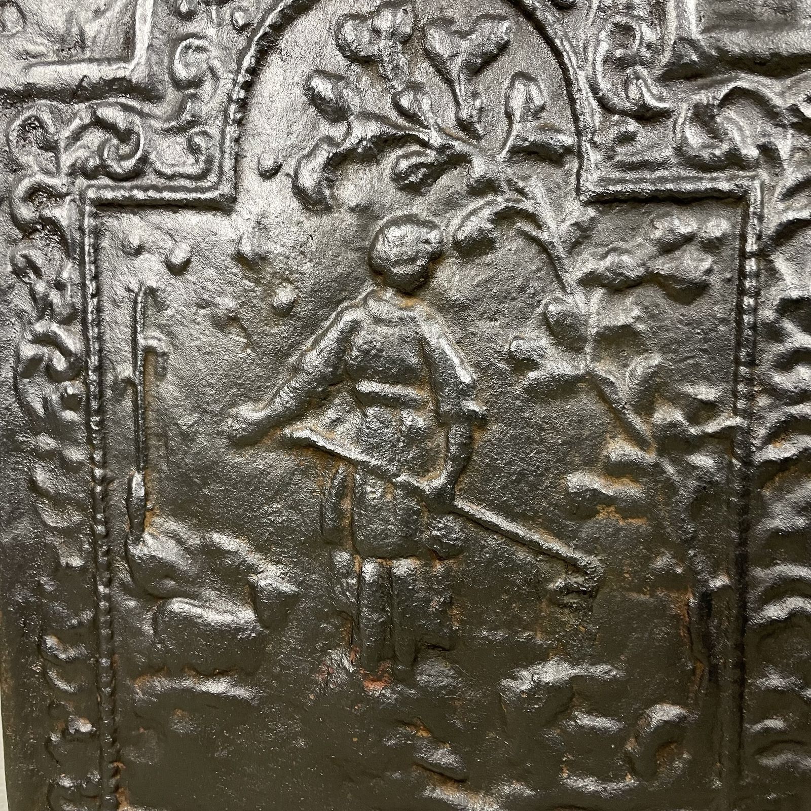 Antique Cast Iron Fire Back With Figure photo 425.0