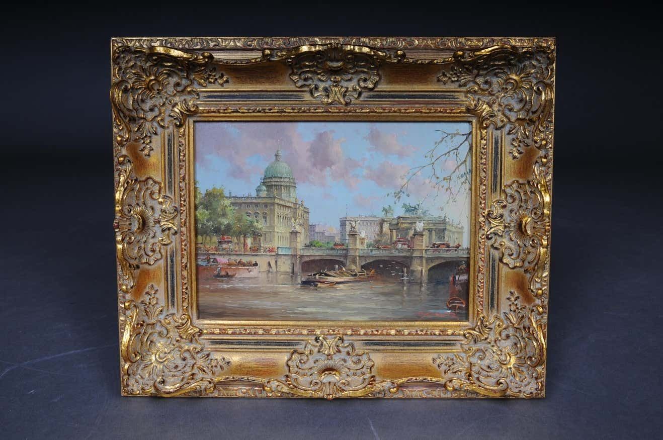 Oil Painting Berlin Schlossbrücke Sign, Heinz Scholtz, 20th Century photo furniture