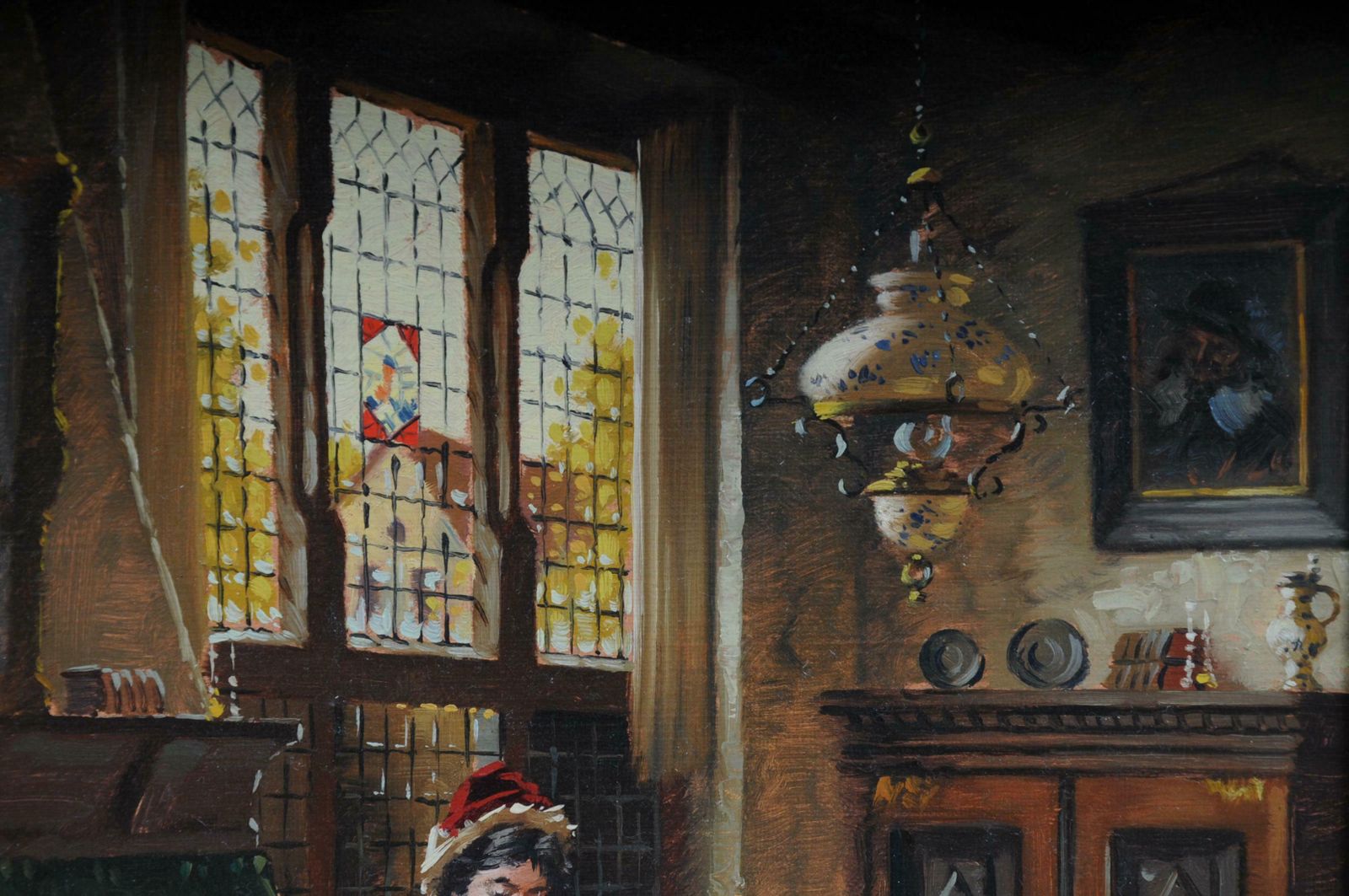 Oil Painting Lady At The Spinning Wheel, 20th Century photo for sale