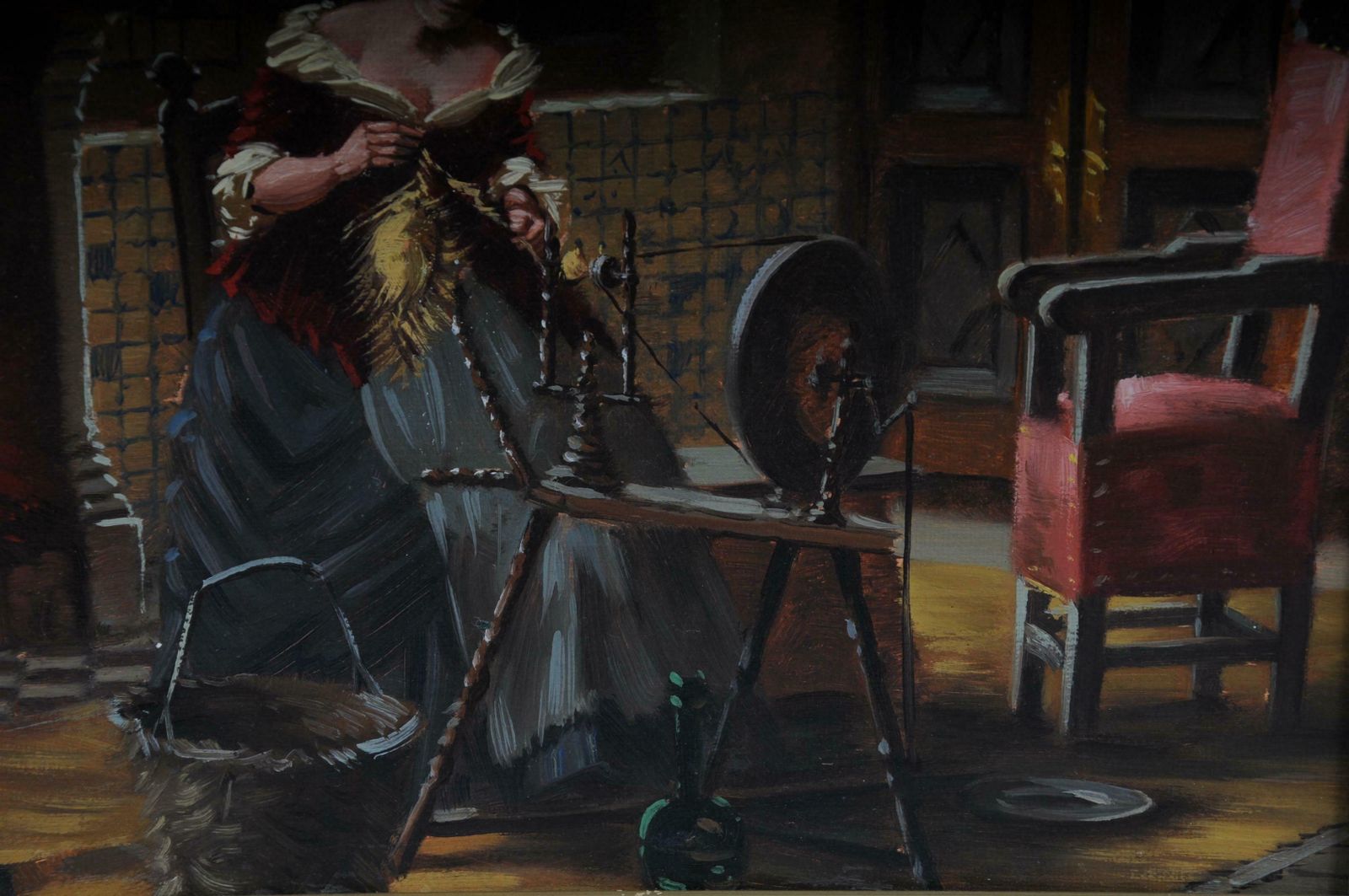 Oil Painting Lady At The Spinning Wheel, 20th Century photo 812.0