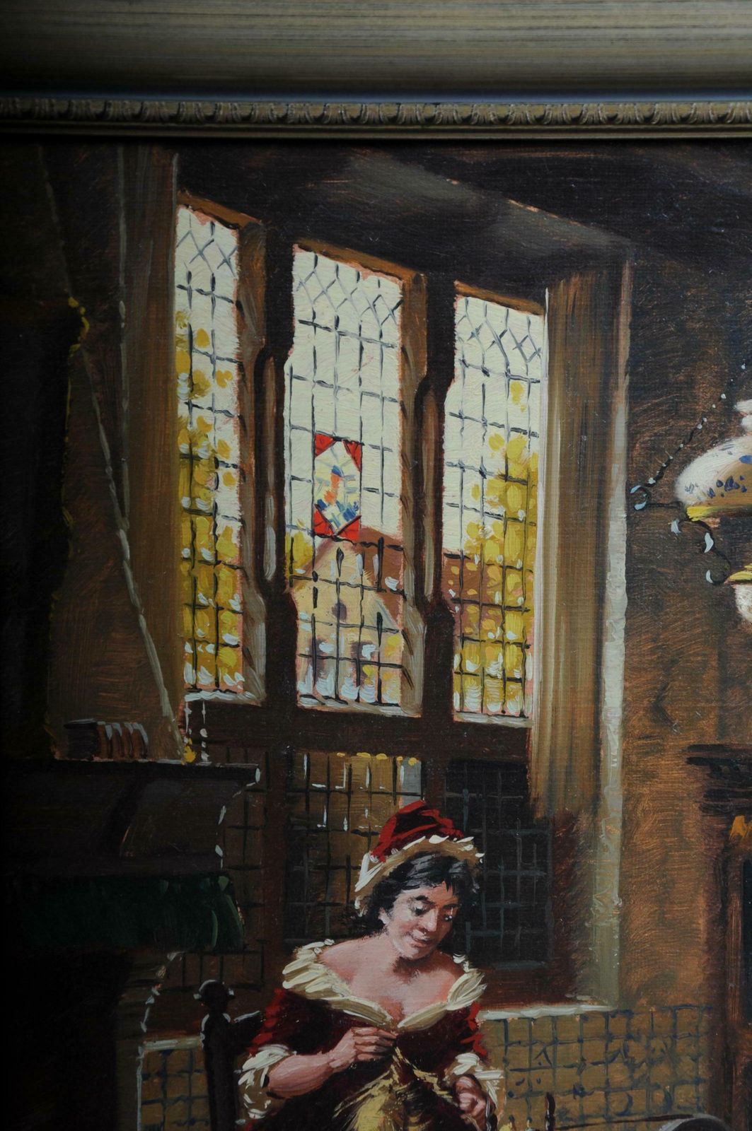 photo vinterior Oil Painting Lady At The Spinning Wheel, 20th Century