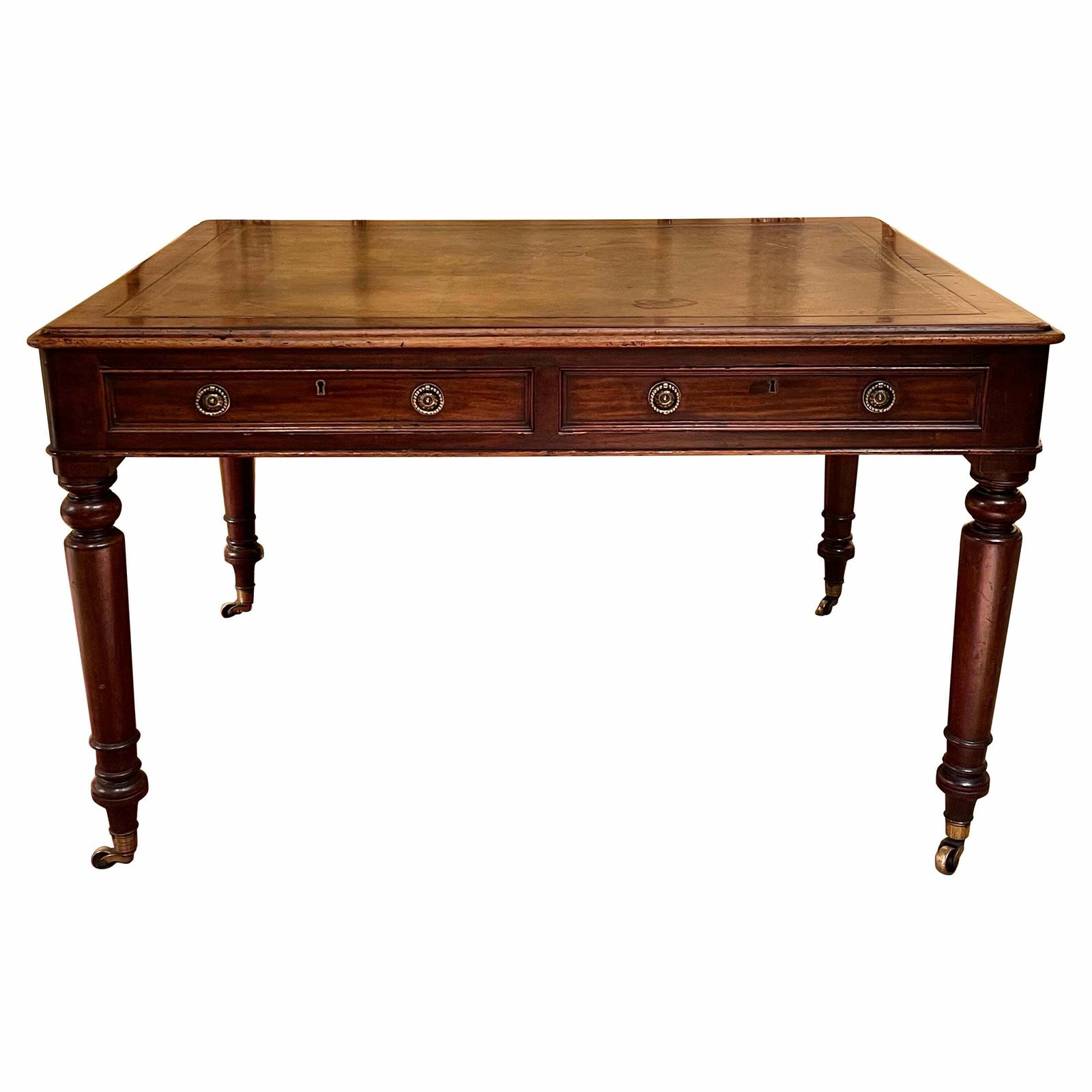 19th Century Victorian English Partner Desk Column Shaped Legs Writing Table