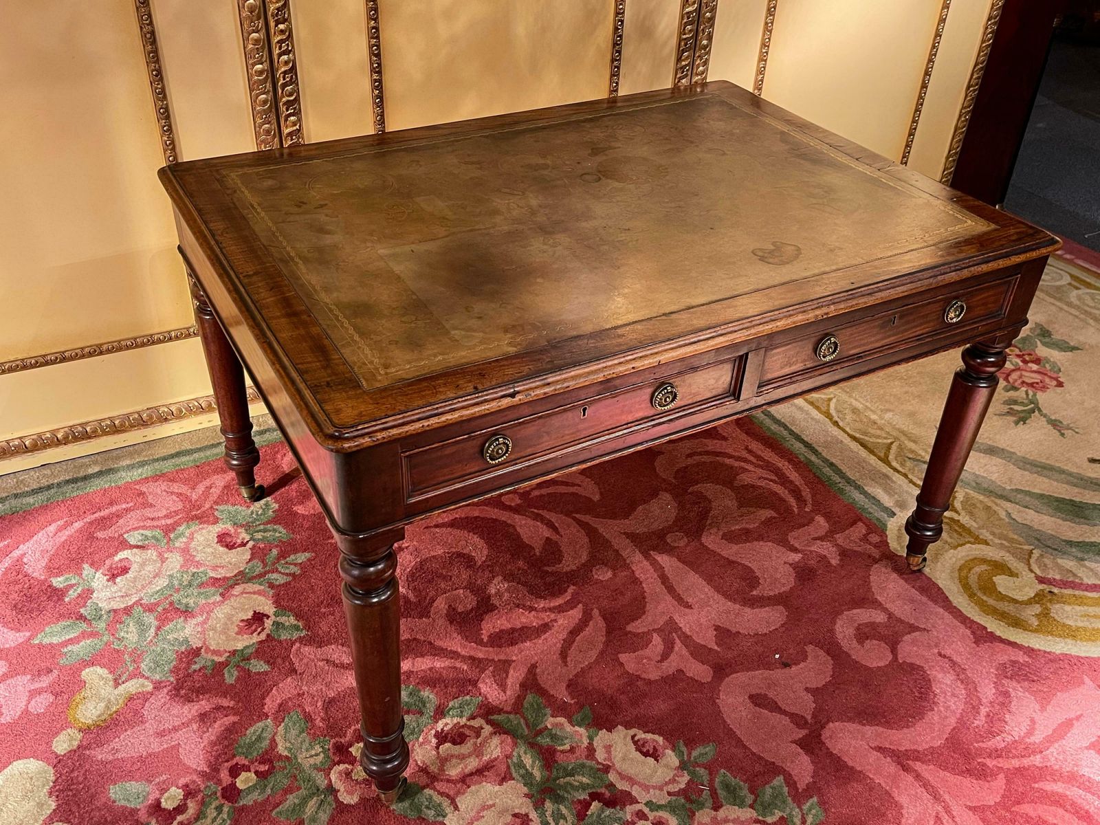19th Century Victorian English Partner Desk Column Shaped Legs Writing Table photo buy