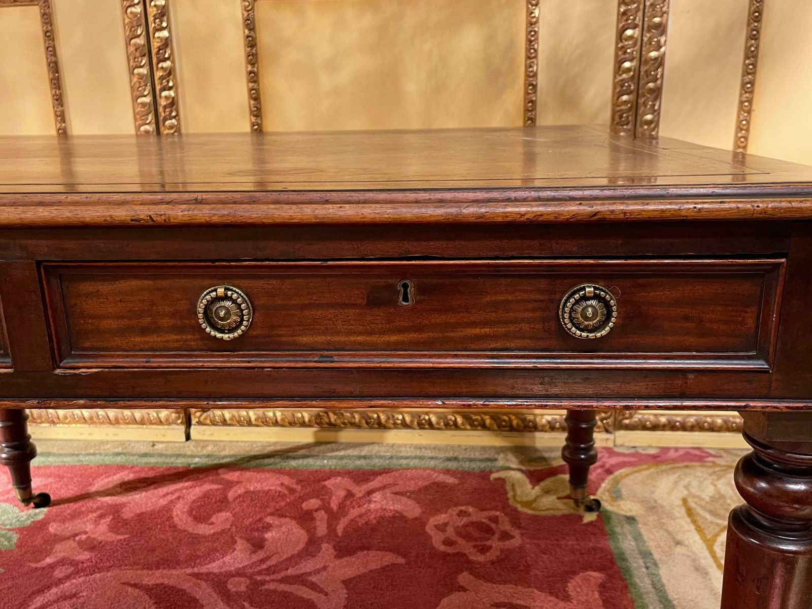 19th Century Victorian English Partner Desk Column Shaped Legs Writing Table photo vintage