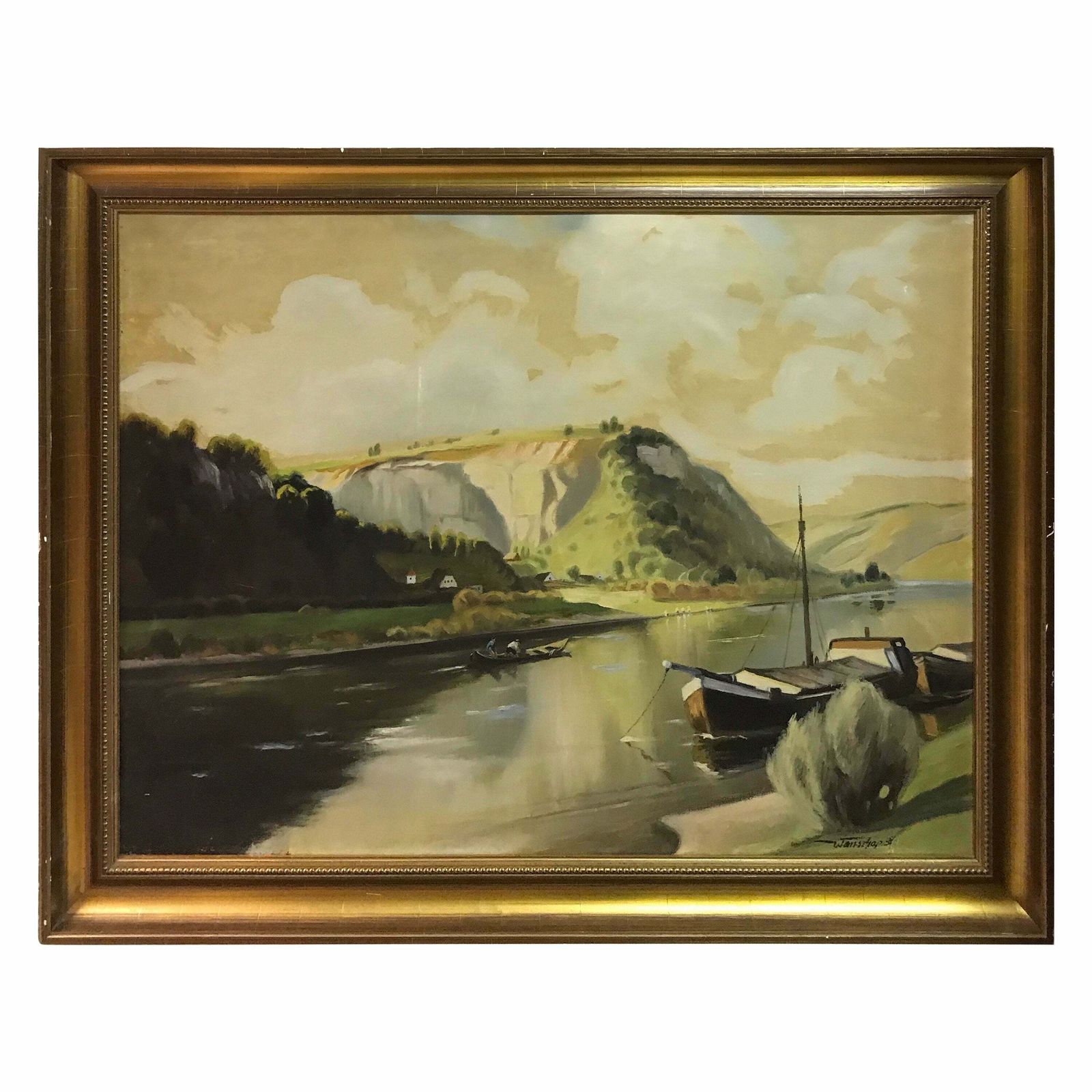 Large Oil Painting Ship At Sea Mountain View 1900