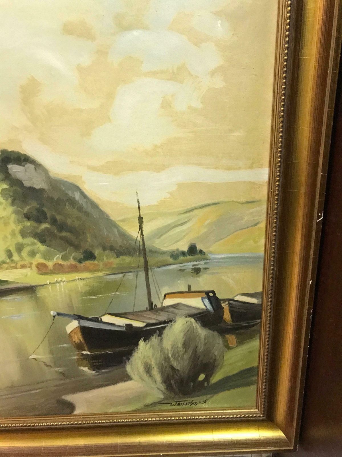 Large Oil Painting Ship At Sea Mountain View 1900 photo furniture