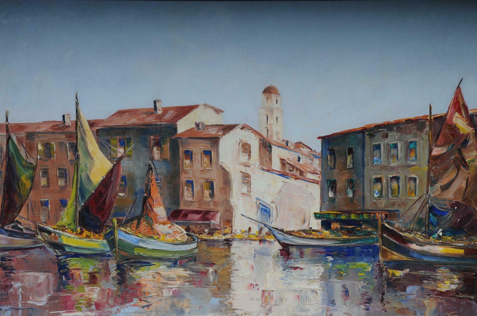 Oil Painting Fish Harbour Of St. Tropez  20th Century photo for sale