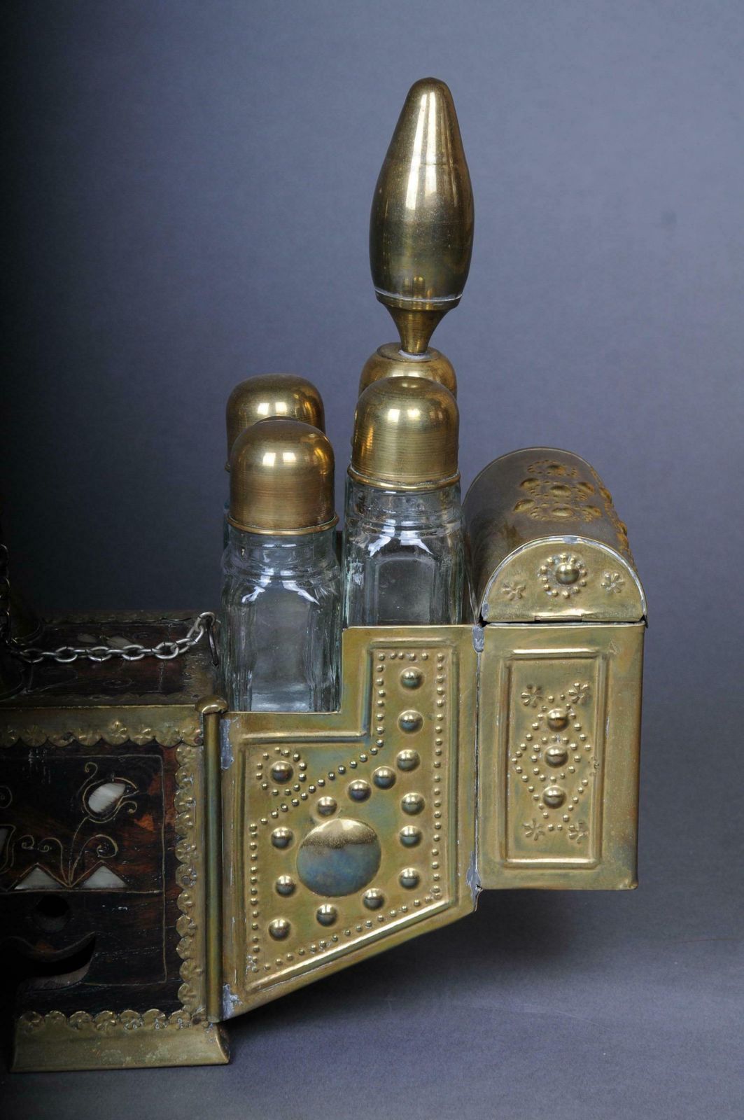 Decorative Oriental Shoe Polish Set Brass With Mother Of Pearl, 20th Century photo furniture