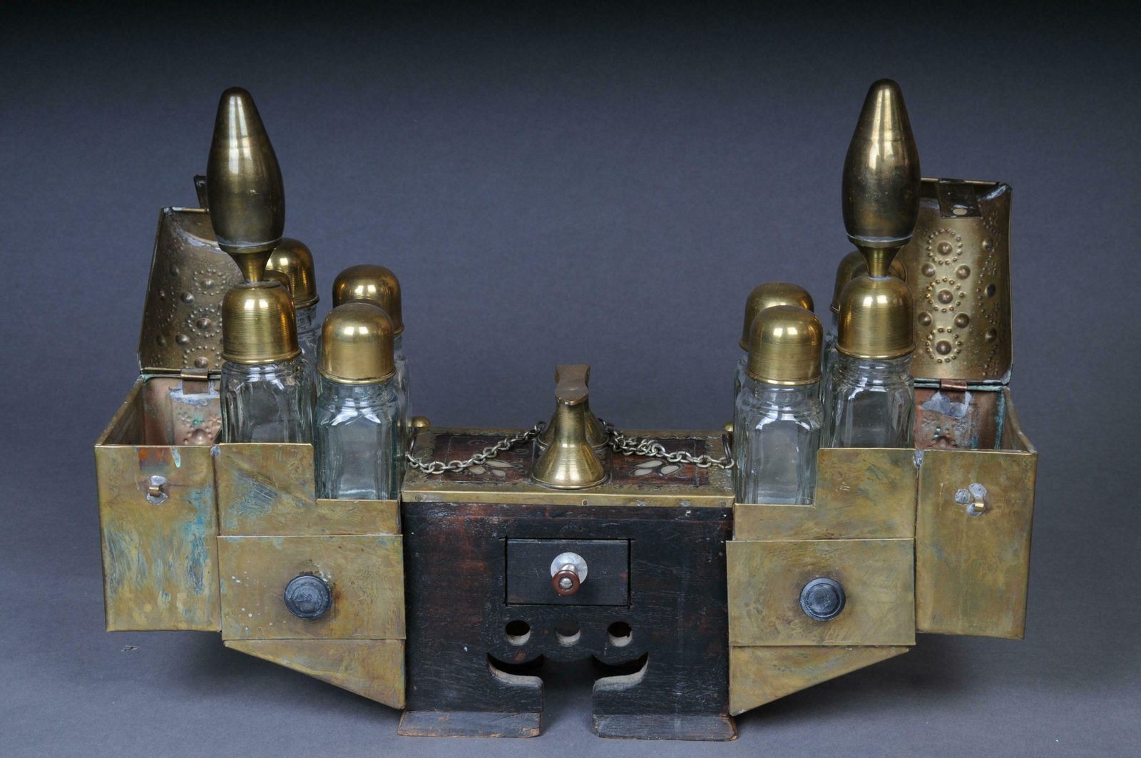 photo furniture Decorative Oriental Shoe Polish Set Brass With Mother Of Pearl, 20th Century