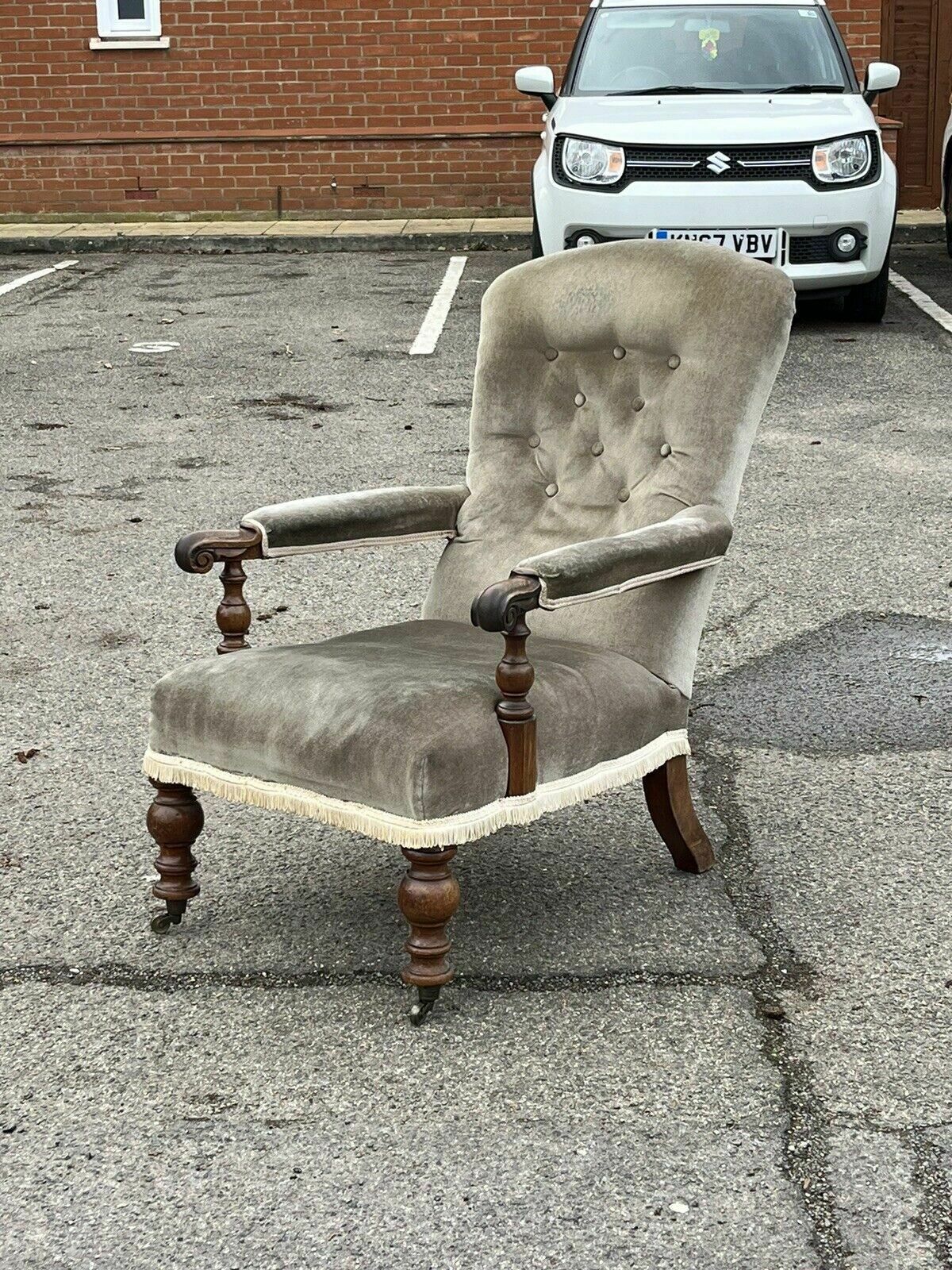 Victorian Library Armchair With Mahogany Frame, On Brass Castors. photo furniture