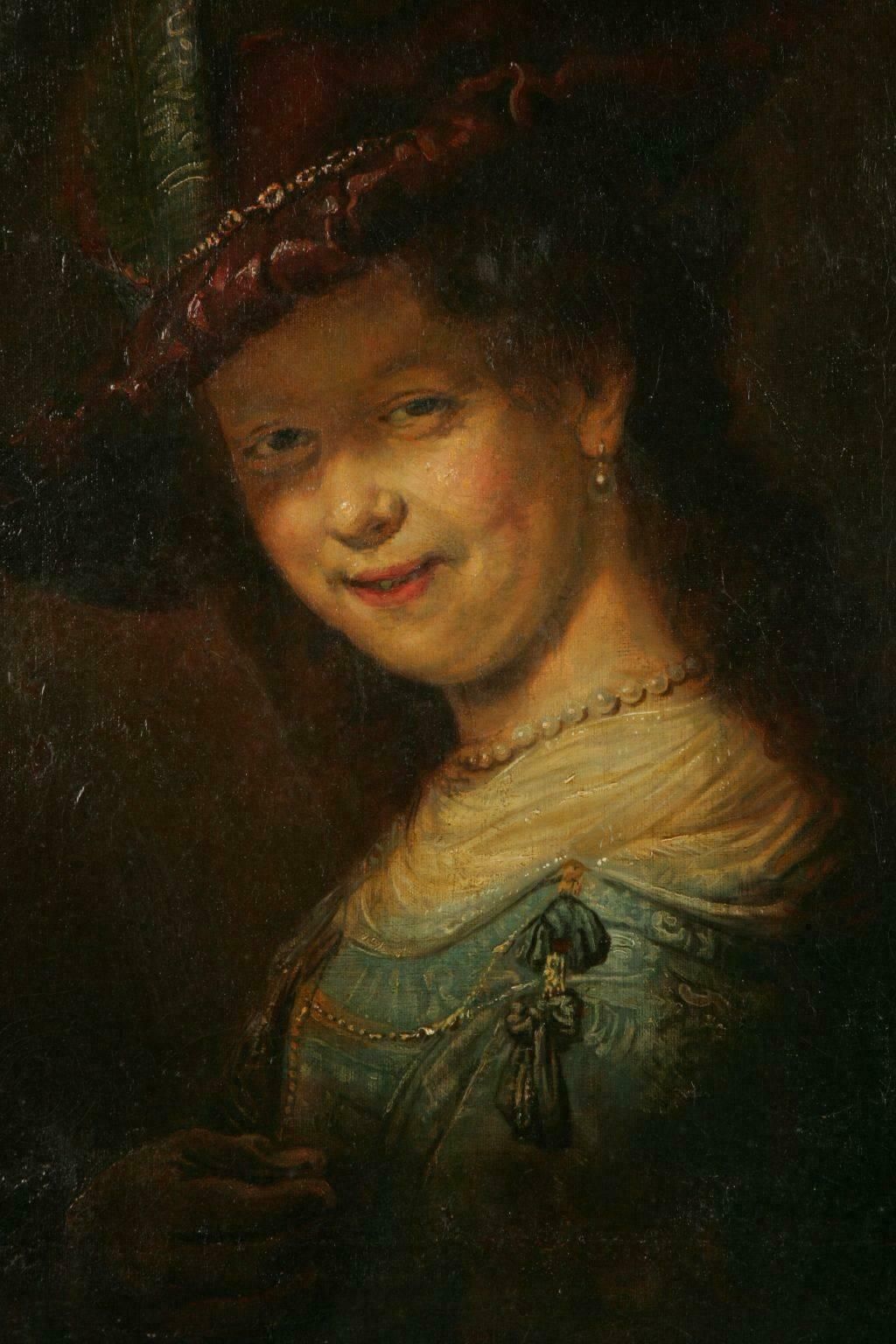 19th Century Barock Style Oil Painting Saskia Smiling With Feather Bar photo furniture