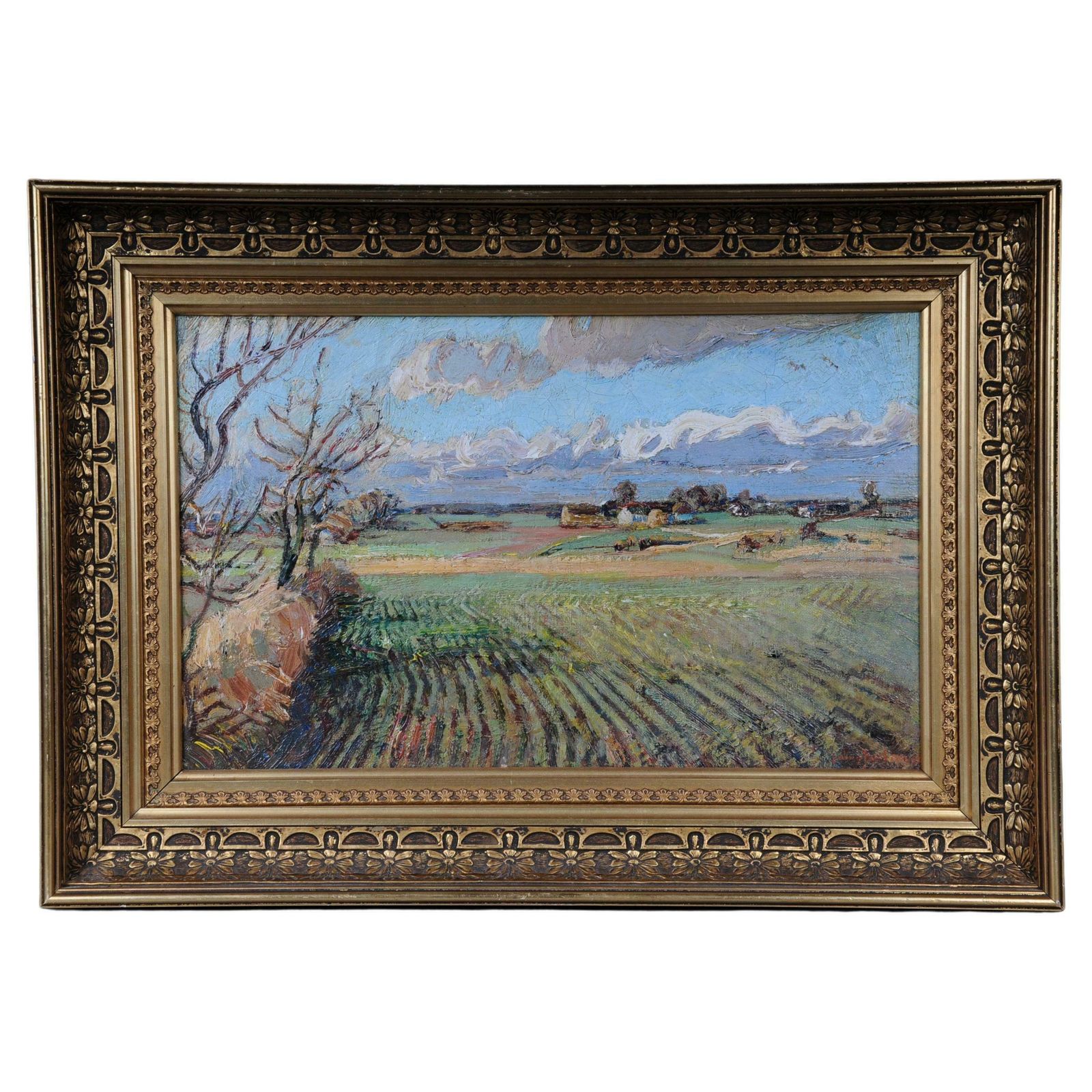 Impressionistic Oil Painting Idyllic Autumn Landscape Signed, 20th Century