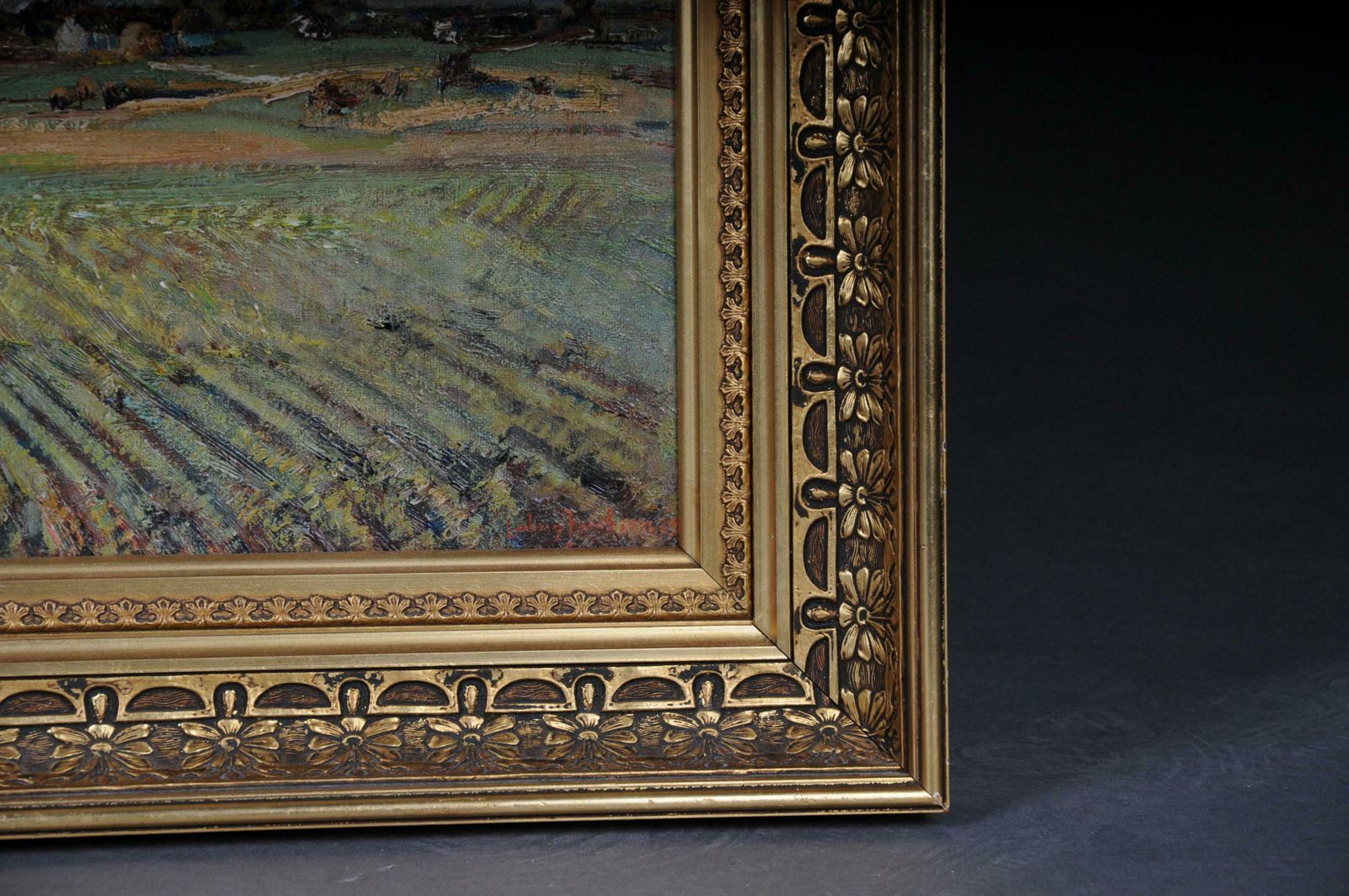 Impressionistic Oil Painting Idyllic Autumn Landscape Signed, 20th Century photo Art
