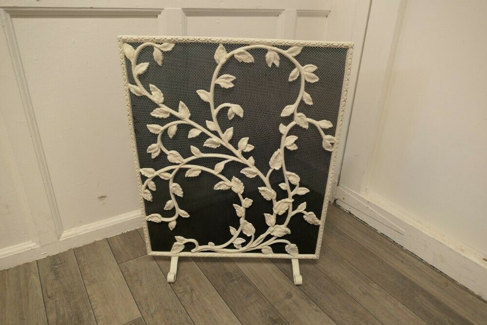 Painted Wrought Iron Fire Guard Decorated With Leaves