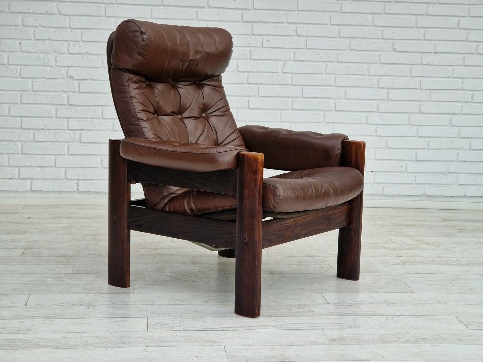 1970s, Scandinavian Adjustable Lounge Chair, Brown Leather, Oak Wood.