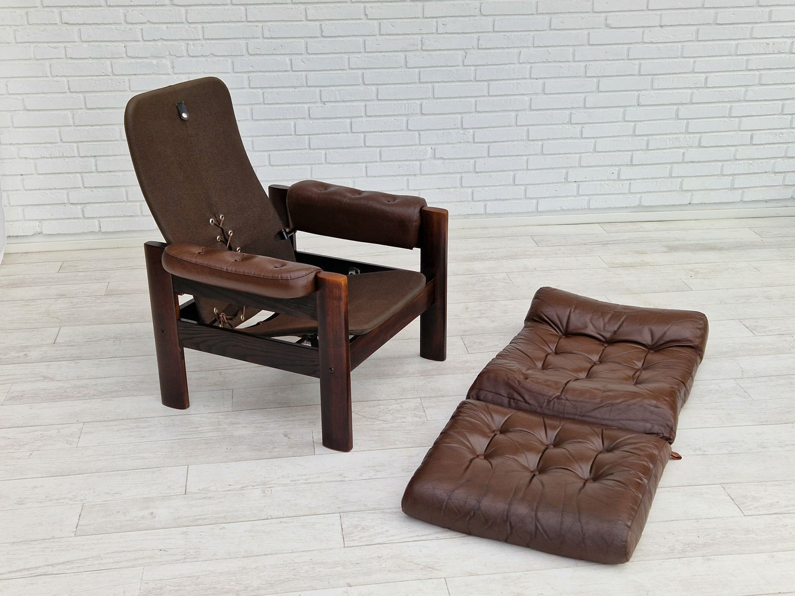 1970s, Scandinavian Adjustable Lounge Chair, Brown Leather, Oak Wood. photo buy